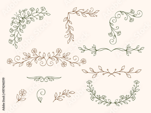 Floral whimsical hand-drawn vector decorative elements and dividers: thin branches, swirls, semi-circular and wavy lines connecting frame corners, perfect for invitations, cards, and branding