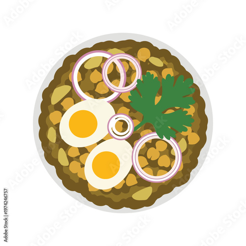 Indian lentil curry with boiled eggs and onions flat lay vector illustration