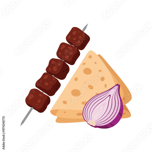 Kebab skewer, pita bread, and onion vector illustration for Middle Eastern cuisine design