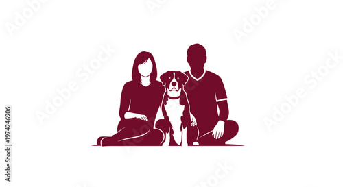 Couple and pet dog sitting together minimalist silhouette illustration