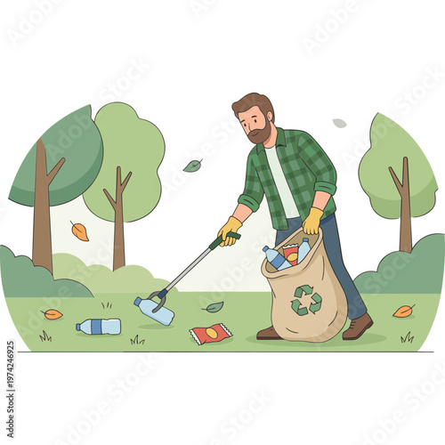 Man picking up trash in park with bag and grabber tool outdoors