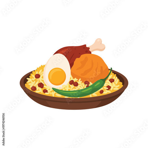 Chicken biryani vector illustration with egg, rice, and chili on plate isolated on white background
