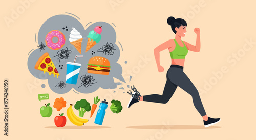 Woman Breaking Free from Junk Food Addiction and Running Towards Healthy Lifestyle Diet and Fitness