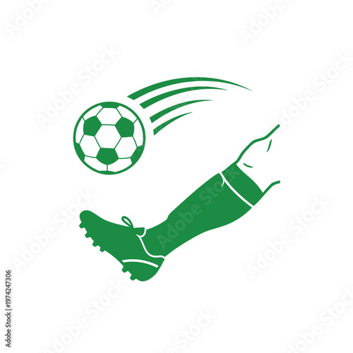Green soccer player leg kicking football with speed lines