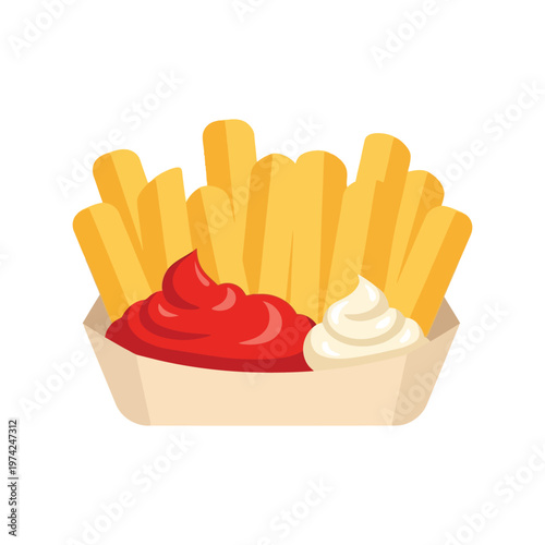 French fries with ketchup and mayonnaise in tray vector illustration isolated on white
