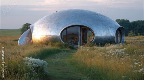 Unique geodesic dome home with metallic exterior nestled in a field of wildflowers during golden hour with gentle sunlight reflecting off the structure showcasing futuristic architecture and serene