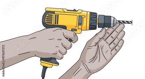Hands operating yellow power drill against a wall