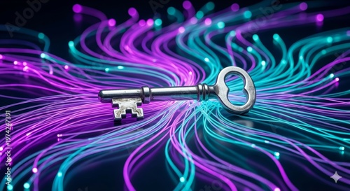 Key to Digital Future: A gleaming vintage key rests atop a cascade of luminous, flowing fiber optics, illuminating the intersection of legacy and progress, symbolizing access and innovation.