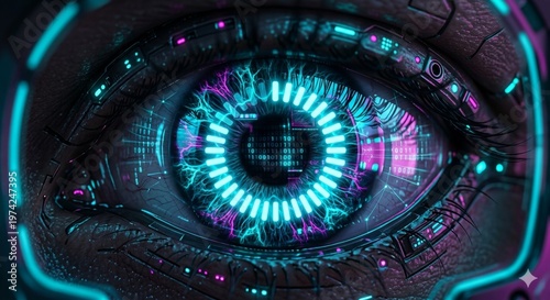 Cybernetic Gaze: A close-up view of a futuristic, glowing eye, where technology and human form converge, revealing the digital frontier.