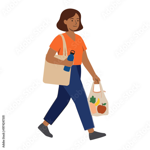 Woman walking with shopping bags and bottle in casual outfit
