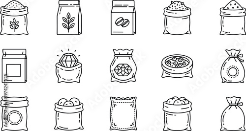 Packaging and Bag Vector Icon Collection Featuring Various Products and Goods in Bags for Retail and Business Design Projects