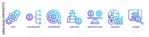 Cost Analysis web banner icon vector illustration with icons of Cost,Cost Allocation,Cost Effective,Labor Cost,Break Even Point,Economic and Analysis