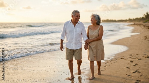 Happy senior Hispanic couple walking and laughing on a tropical beach at sunset.