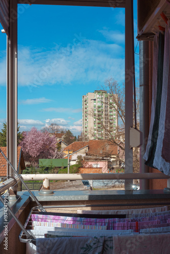 Drying laundry on the terrace during a spring day