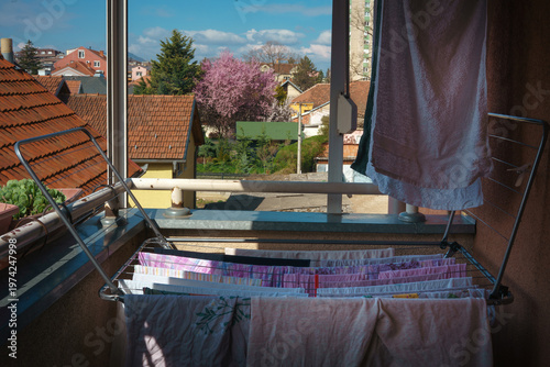 Drying laundry on the terrace during a spring day