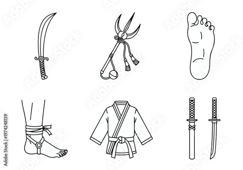 Japanese Martial Arts and Samurai Culture Icon Set in Linear Style