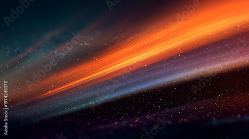 An ethereal abstract background presenting radiant diagonal light streaks in orange and blue, gently illuminating a dark, dust-filled space with shimmering particles.