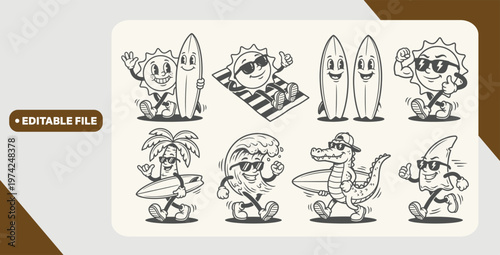 Retro cartoon summer surf vector set. Sun, surfboard, wave, palm tree, alligator characters.