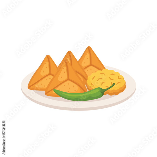 Indian snack vector illustration with samosa, pakora, and chili on white plate