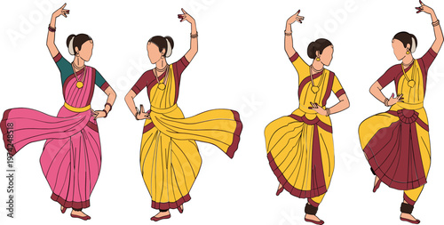 Traditional Dance Pose Collection in Colorful Saris with Graceful Movements for Cultural, Dance, and Illustration Designs
