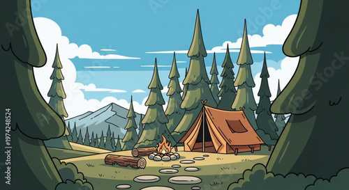 A serene cartoon illustration of a campsite in a forest with a tent and campfire