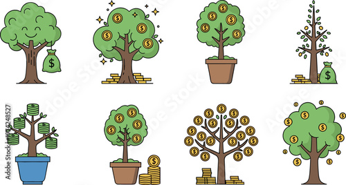Money Tree Vector Collection with Dollar Signs, Coins, and Cash Bags Illustrating Wealth, Financial Growth, and Prosperity Concept