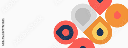Abstract geometric shapes overlap. Circles, squares, teardrops create colorful composition. Minimalist design, modern aesthetic.