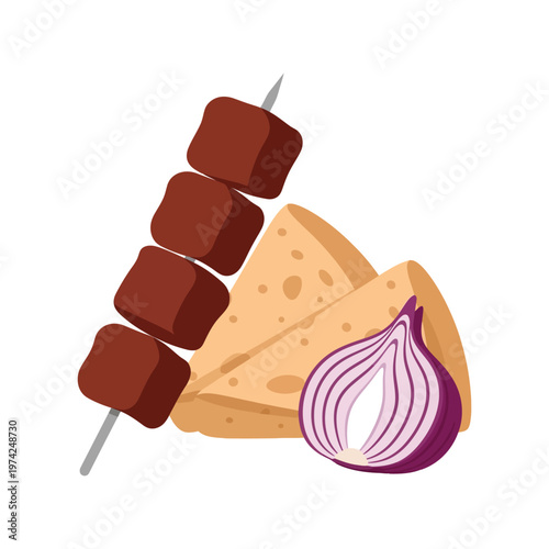 Kebab skewer with pita bread and onion vector illustration for food menu design