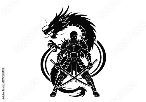 Samurai Warrior with Dragon Spirit and Crossed Katana Swords Vector Silhouette