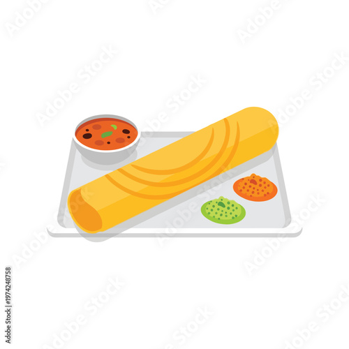 Indian dosa vector illustration with chutney and sambar on white background