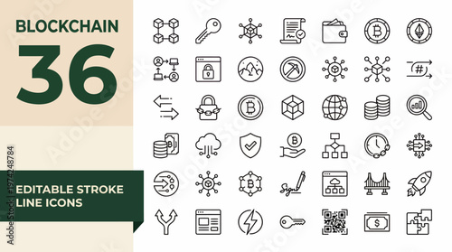 Editable stroke icon set of 36 blockchain and crypto symbols in outline style for web, UI, and app design