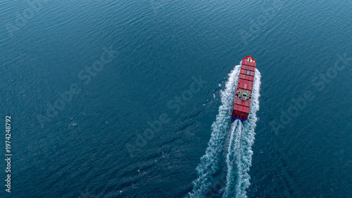Aerial view container cargo ship carrier container on sea, Global business logistics transportation by container cargo ship, Container cargo ship freight shipping import export supply chain.