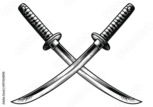 Crossed Samurai Katana Swords Vector Illustration in Vintage Tattoo Style