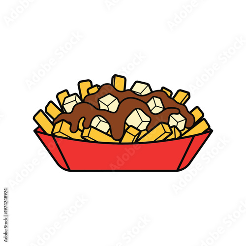 Poutine vector illustration of fries with cheese curds and gravy in red tray, fast food clipart