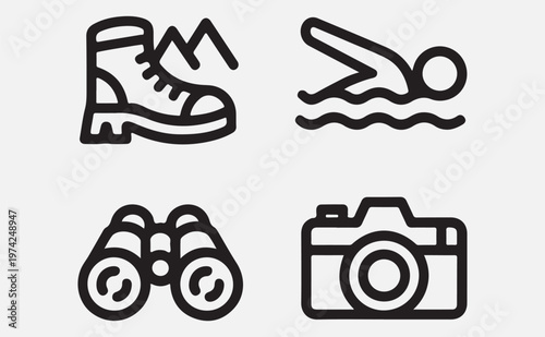  set of travel icons including hiking boot, swimmer, binoculars and camera isolated on transparent background