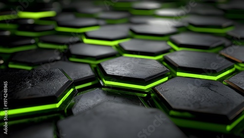 Futuristic Hexagonal Pattern with Glowing Green Light and Abstract Technology Background.