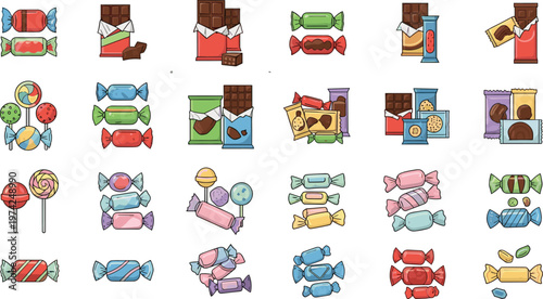 Candy and Chocolate Set with Sweets, Lollipops, and Colorful Wrappers for Dessert, Snack, and Confectionery Designs