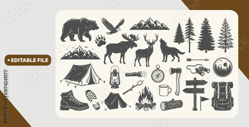 Outdoor adventure vector set with camping gear, mountains, wildlife, trees, and travel icons. Perfect for badges, t-shirt designs, hiking posters, and nature-themed branding.