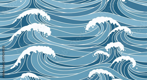 A stylized vector graphic illustration of ocean waves in various shades of blue and white
