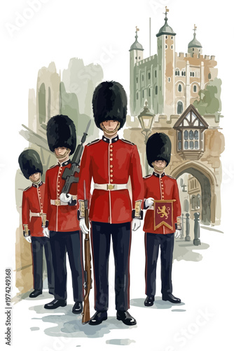 United Kingdom military ceremony illustration with iconic London architecture. Traditional British soldiers in scarlet tunics standing at the Tower of London gate. King's Guard soldiers illustration