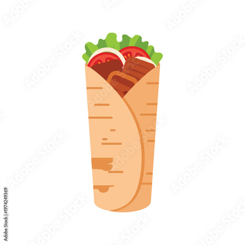 Doner Kebab Wrap Vector Illustration with Vegetables and Meat Isolated on White Background