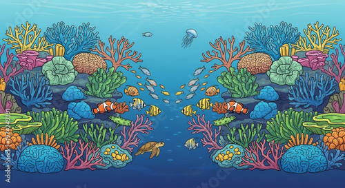 A vibrant underwater illustration of a coral reef teeming with colorful fish and sea life