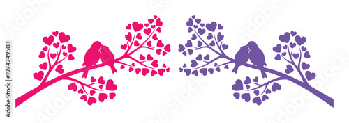Romantic love birds silhouette on heart tree branch, pink and purple bird couple vector, wedding and Valentine's Day floral illustration