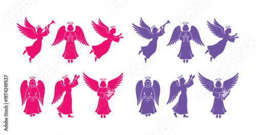 Heavenly angel silhouettes collection, set of 12 flying and praying angel icons, pink and purple spiritual cherub vectors for Christmas and religious design