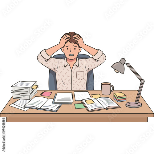 A stressed man sits at his cluttered desk, surrounded by papers and books.