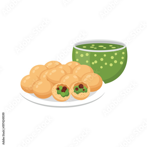 Indian pani puri vector illustration with spicy water and stuffed puris on white background