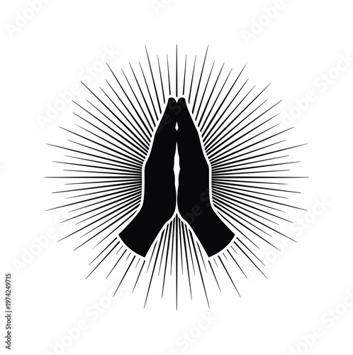 Praying hands silhouette with divine light rays, religious prayer icon vector, spiritual worship and meditation symbol on white background