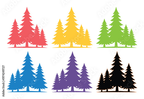Colorful pine tree silhouettes set, minimalist forest evergreen vector icons, flat coniferous spruce tree collection for nature branding and outdoor logos