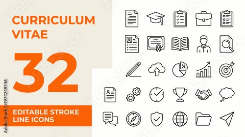 32 editable stroke line icons set for resumes and CV design, ideal for professional CVs, resumes, and presentation layouts.