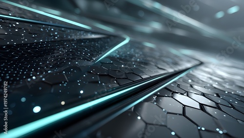 Futuristic Digital Network Background with Glowing Hexagons and Data Flow.